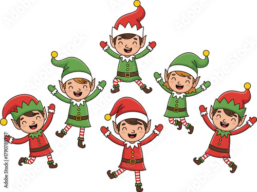 Happy Christmas elves, cute holiday characters, joyful Santa helpers, festive children costume illustration, winter celebration, cheerful cartoon vector art, holiday design