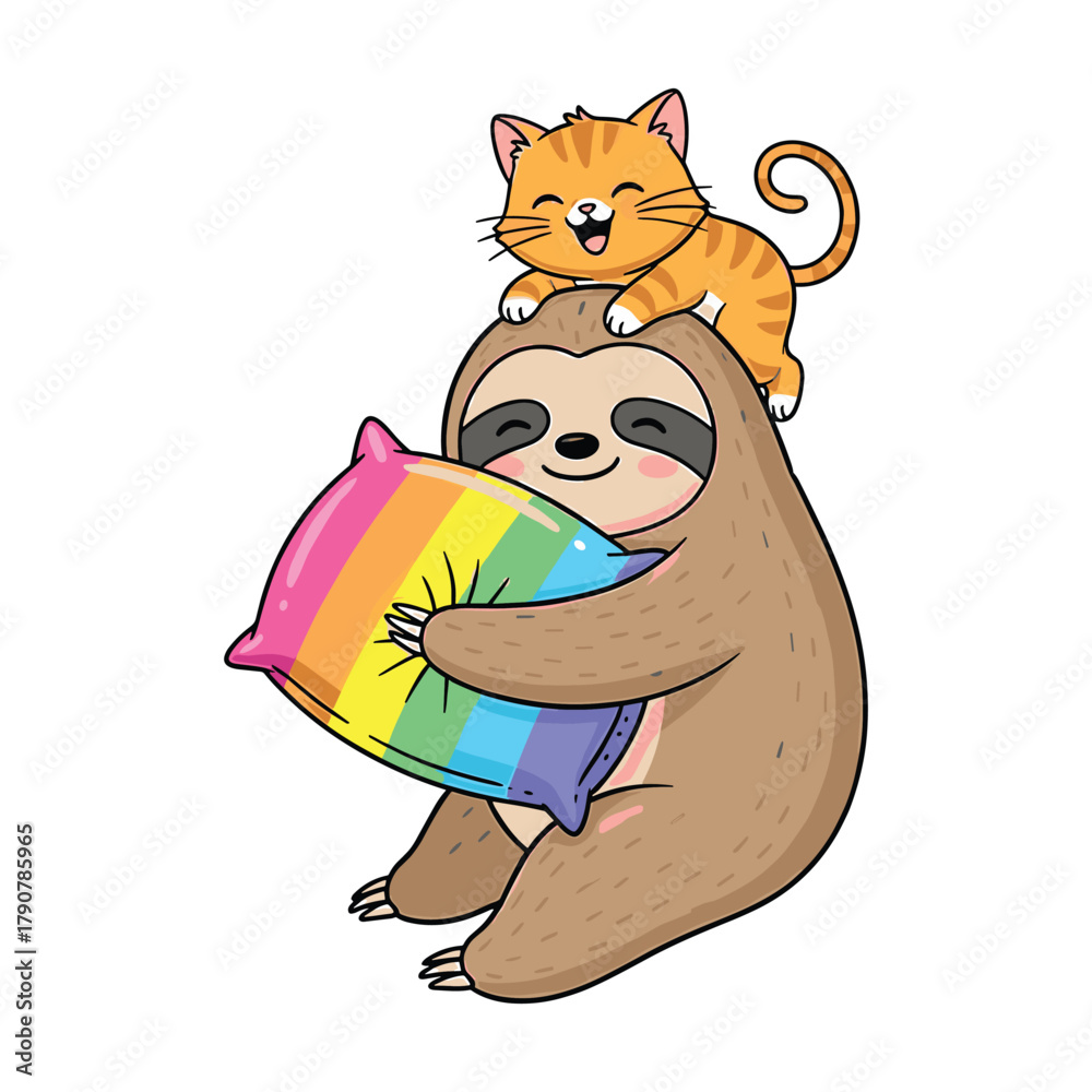 Obraz premium Adorable cartoon sloth holding rainbow pillow with kitten on head Keywords: sloth, kitten, cat
