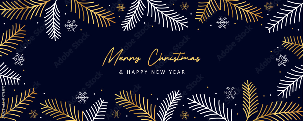 Fototapeta premium merry christmas card with fir twig border and snowflake decoration vector illustration