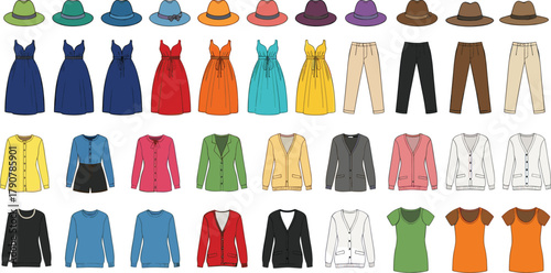 Colorful fashion items, clothing and accessories grid, hats, dresses, pants, sweaters, tops, wardrobe variety, style reference, design elements