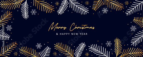 merry christmas card with fir twig border and snowflake decoration vector illustration