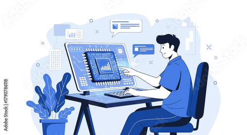 Illustration of a software developer working on a computer with a microchip graphic analyzing data