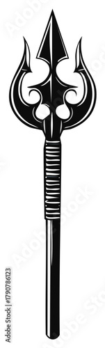 Stylized black trident graphic design element featuring ornamental prongs and a strong mythical aesthetic