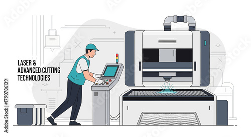 Illustration of a technician operating a laser cutting machine in a modern industrial setting
