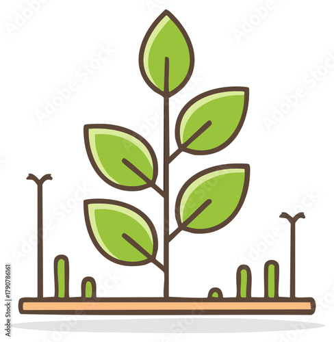 Vector icon of a green plant sapling with leaves growing in the ground