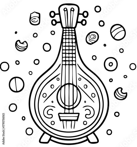 Stylized mandolin instrument illustration in black and white with decorative elements
