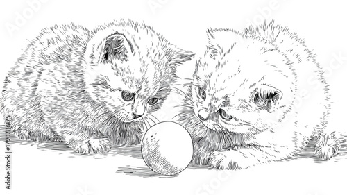 Adorable Cute Cats Playing with Ball Vector Coloring Page for Kids