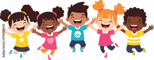 Happy diverse children jumping together, smiling kids group illustration, joyful childhood friendship, cartoon characters, playful energy, inclusive multicultural vector art