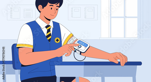 Illustration of a teenage boy using a digital blood pressure monitor in a school environment