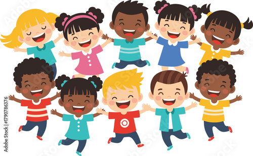 Happy diverse cartoon children group, joyful kids illustration, smiling boys and girls, colorful childhood vector art, friendship, playtime celebration