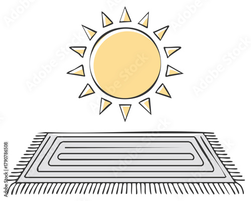 Cartoon illustration of a sun hovering over a carpet with fringe.