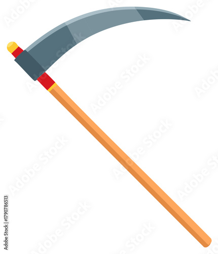 Cartoon illustration of a scythe isolated on a white background