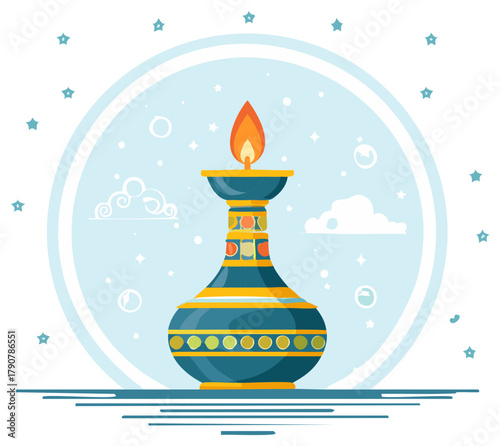 Vibrant traditional ceremonial oil lamp illuminating a stylized starry night sky with decorative patterns and warm glow