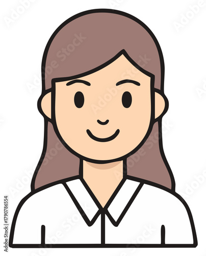 Friendly cartoon woman smiling wearing a white collared shirt and brown hair