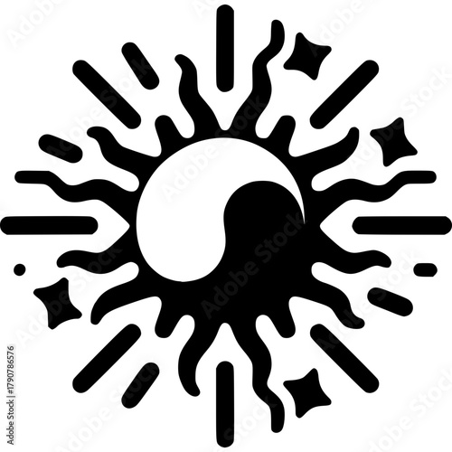 Solar Harmony: A stylized emblem of the sun radiates with symmetrical rays and a yin-yang core, symbolizing balance. The illustration represents the equilibrium between opposing forces, good and evil.