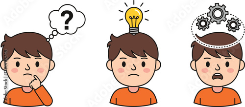 Cartoon boy thinking process, idea generation, problem solving, creativity concept illustration with question mark, light bulb, and gears icons