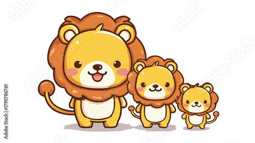 Cute Kawaii Lion Family and Baby Cartoon Characters Vector Illustration