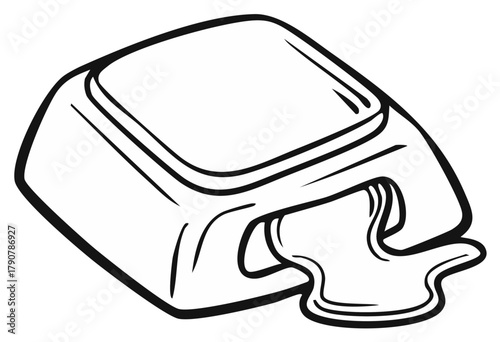Outlined Drawing of Square Box with Liquid Spill, Abstract Shape on White