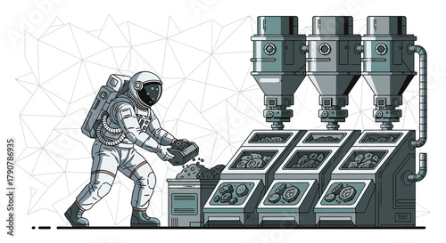 Illustration of an astronaut processing lunar soil with specialized machinery on the moon surface