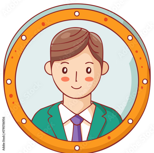 Cartoon man in business suit and tie framed in a nautical porthole window