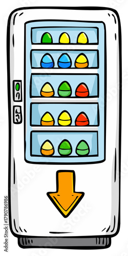 Cartoon Vending Machine Filled with Colorful Surprise Eggs and Orange Arrow