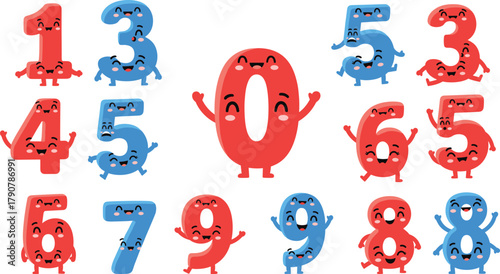 Cute cartoon numbers characters, smiling digits illustration, educational math design for kids learning, colorful numeric faces vector, playful educational concept