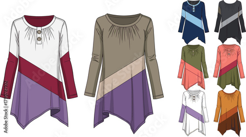 Women’s asymmetrical tunic illustration, long sleeve top, diagonal color block design, flowing hemline, fashion mockup, modern apparel, vector sketch, garment variation