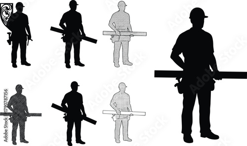 Construction, worker, silhouette, plank, hardhat, tools, belt, pose, halftone, graphic, design, labor, job, industrial, minimal, strong, stance, illustration, style, variation