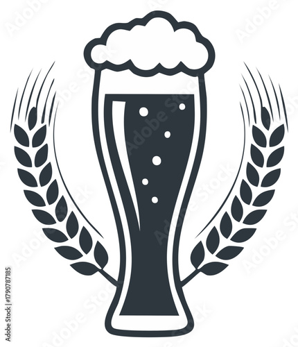 Dark beer glass with foam and wheat stalks emblem
