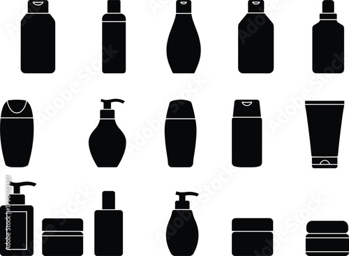 Cosmetic container silhouettes, personal care packaging icons, black outline, minimal design, lotion bottle, spray tube, branding element, toiletry shapes