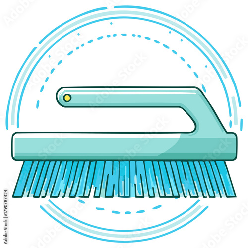 Cartoon cleaning brush with blue bristles and curved water splash effect