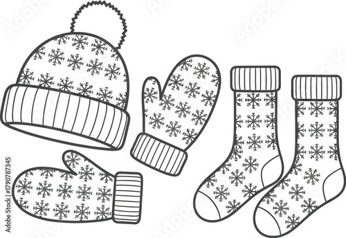 Winter hat mittens and socks with snowflake pattern on a white background
