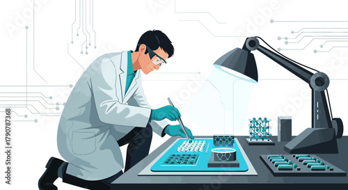 Illustration of scientist working in laboratory on microchips and nanotechnology research