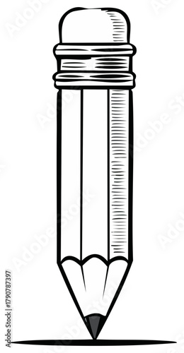 Simple outlined pencil drawing a line with eraser on top against white background education and creative arts illustration