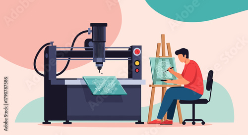 Illustration showcasing digital art and modern manufacturing synergy artist machine interaction