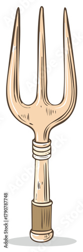 Vintage style golden pitchfork tool, cartoon drawing with a three-pronged head and a wooden handle