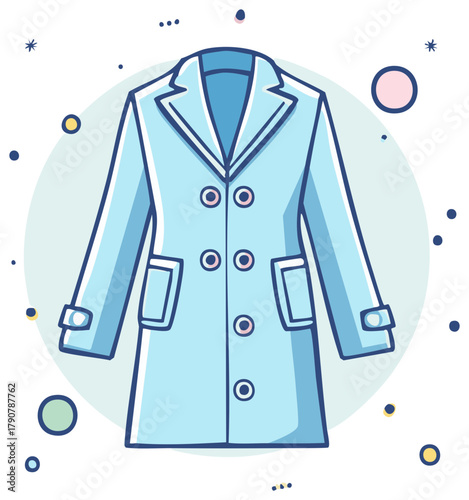 Stylish Light Blue Double-Breasted Overcoat with Pocket Cartoon Illustration