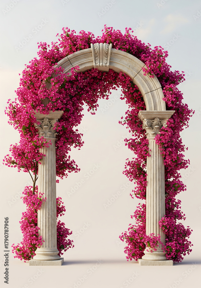 Naklejka premium Stone Archway Covered in Vibrant Pink Bougainvillea Flowers classical columns isolated on a transparent background