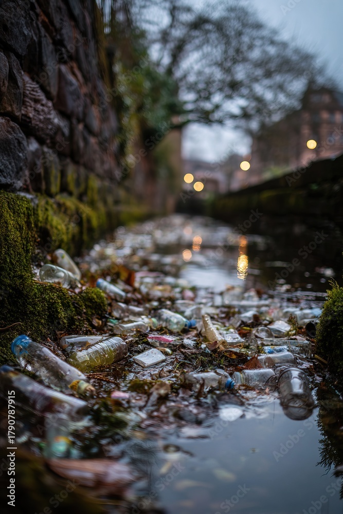 Fototapeta premium vertical shot narrow canal is filled with litter, mainly plastic bottles and debris, surrounded by mossy stones. scene is dimly lit by distant street lamps, creating somber atmosphere in urban area