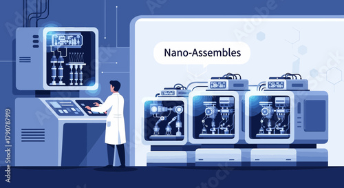 Illustration showcasing nano-assemblies being operated by a scientist in a high tech lab