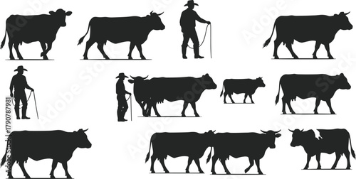 Cowherd silhouette illustration, cattle walking scene, farmers with sticks, rural livestock herding, black figures, farming concept, vector art, agriculture theme