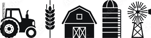 Tractor, barn, windmill and wheat harvest agriculture farming silhouette icon