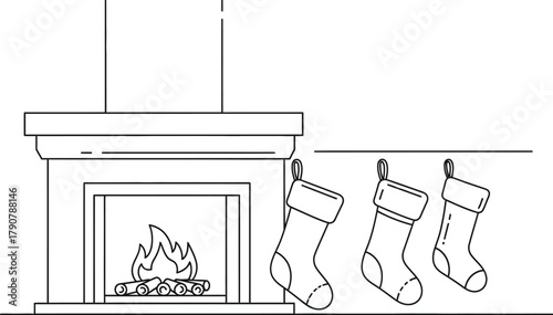 Fireplace with burning fire and christmas stockings hanging in line drawing