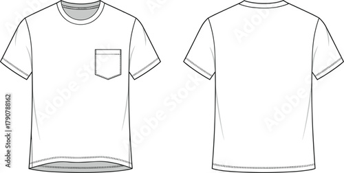 Crew neck T-shirt, fashion sketch, technical drawing, chest pocket, short sleeve, curved hem, seam detail, front back view, apparel illustration
