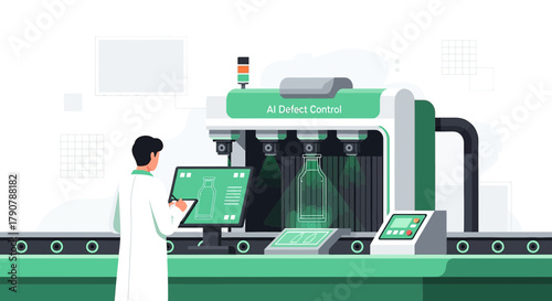 Illustrative depiction of an AI-powered quality control system for bottle production using