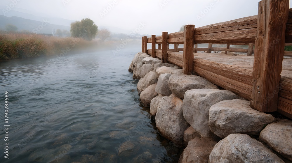 Fototapeta premium A serene river flows alongside a rustic wooden railing and stone embankment veiled in morning mist