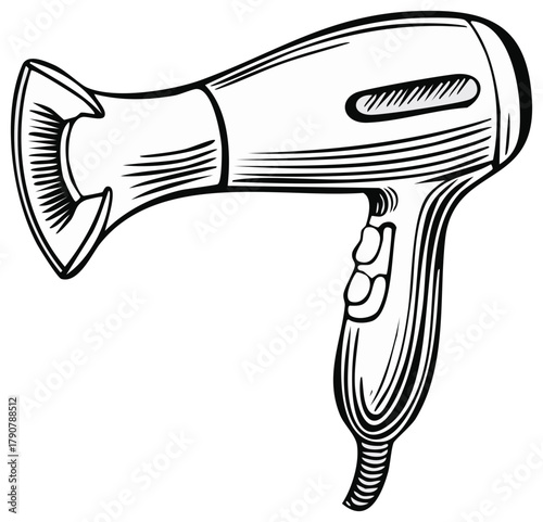 Hair Dryer Hand Drawn Illustration for Hairstyling and Beauty Care Accessories in Black and White