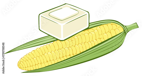 Golden Yellow Sweet Corn on the Cob Topped with a Creamy Butter Block Illustration