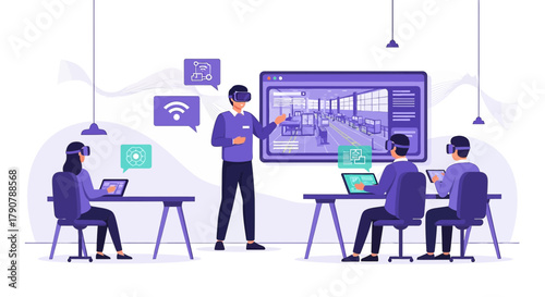 Immersive learning environment featuring virtual reality headsets in educational setting