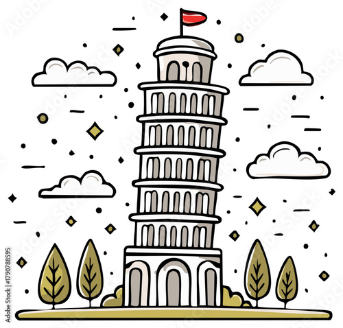 Leaning Tower of Pisa illustration with trees, clouds, and stars.